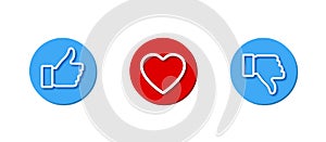 Like, Heart and Dislike vector set icons. Like, dislike and heart button, isolated on white background. Thumb up and thumb down