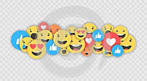 Like and Heart and emoji icons. Live stream video, chat, likes, emoji. Empathetic Emoji Reactions. Social nets blue