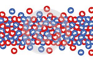 Like and heart icons background. Thumbs up and red heart buttons stream, concept of social network, Internet following. Vector. photo