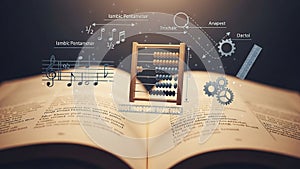 Like Iambic Pentameter . Mathematical elements include an abacus,