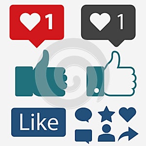 Like Icon. Flat Hand, Thumbs up and heart. Vector