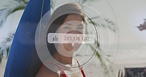 Like icons with increasing numbers against portrait of woman with surfboard smiling at the beach