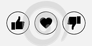 Like icons. Thumb up and down with heart, vector icons