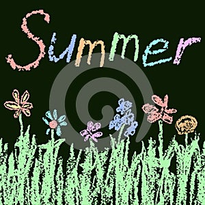 Like kid`s chalk drawn fun illustration with summer, green grass and flowers on chalkboard.