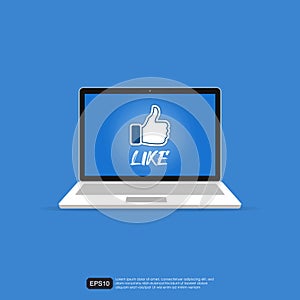 Like on laptop screen design concept. Social media icon for website or internet. Flat style vector illustration