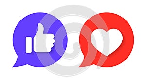 Like and love icon vector illustration in speech bubbles. Social media emoticon reaction
