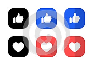 Like and love icon vector. Thumb up and love button of social media