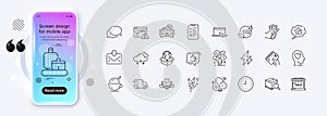Like, Messenger and Electricity line icons for web app. Pictogram icon. Phone mockup gradient screen. Vector