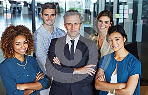 Like minded go getters. Portrait of a team of professionals standing together in an office.