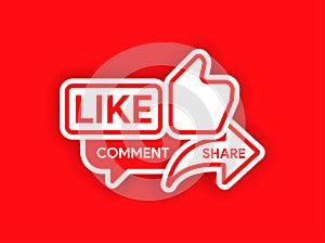 Like, share, comment icon for youtube. Video blogging call to action. Vlog trigger for reaction. Push to feedback photo