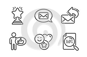 Like, Share mail and Winner icons set. Smile, Messenger and Search file signs. Thumbs up, New e-mail. Vector