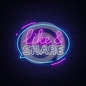 Like Share neon sign vector design template. Social networks neon text, light banner design element colorful modern