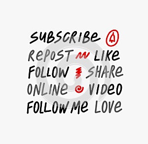 Like Share Repost Subscribe Follow doodle hand lettering stickers. quote subscribe to channel, blog. Social media