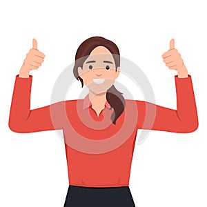 Like sign, joy, approval, happiness concept. Young happy smiling woman or girl teenager cartoon character showing thumbs up.