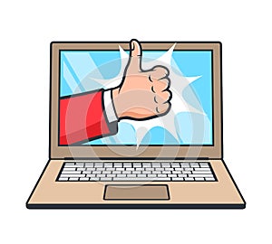 Like sign male hand on computer display. Thumb up on laptop screen
