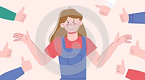 Like and support, success girl thumb up sign team. Cartoon positive female character, business leader or student