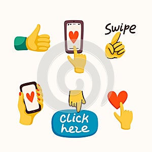 Like, swipe and click here stickers for a social media, making a blog or vlog vector flat illustration. Set of cartoon