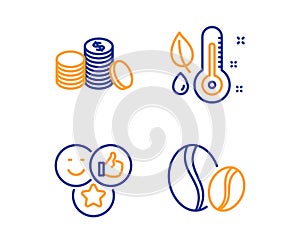 Like, Thermometer and Banking money icons set. Coffee beans sign. Social media likes, Grow plant, Cash finance. Vector