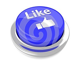 Like with a Thumb Up on blue push button. 3d illustration. Isolated background