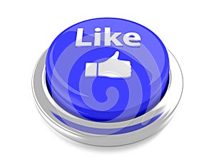 Like with a Thumb Up on blue push button. 3d illustration. Isolated background