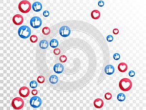 Like thumbs up and love heart icons falling on transparent background. Abstract social media symbols