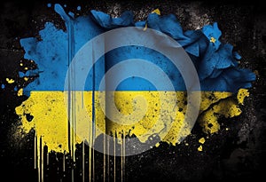 The likeness of the map of Ukraine in the colors of the national flag. All around is blackness, the paint of the flag is cracked.