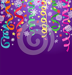Lilac background with colorful hanging ribbons and confetti for Xmas night party celebration