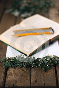 Lilac branches on a wooden background with a book. photo