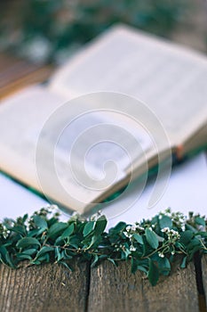 Lilac branches on a wooden background with a book. photo