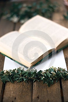 Lilac branches on a wooden background with a book. photo