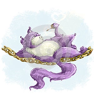 A lilac cat lies on a golden chain and smokes a pipe