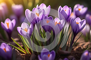 lilac crocus flowers in the spring in the sun