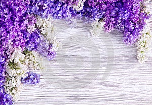 Lilac Flower Background, Blooms Pink Flowers on Wood Plank