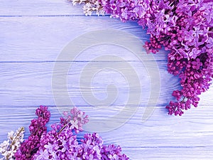 Lilac flower bouquet design beautiful decor on pink wooden background frame photo