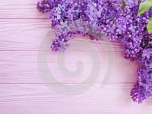Lilac flower bouquet  decor on pink wooden background frame