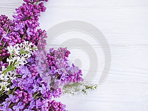 Lilac flower springtime white wooden background frame celebration