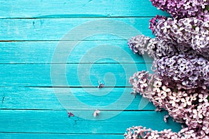 Lilac Flowers Bouquet on Wooden Plank Background