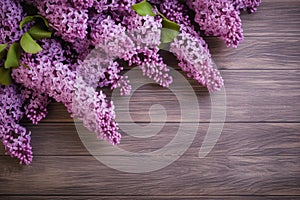 Lilac Flowers Bouquet on Wooden Plank Background, Spring Purple Blooming Bunch, Branch over Wood Texture