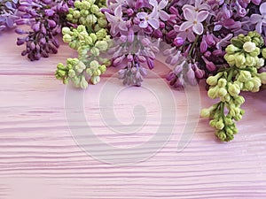 Lilac flowers composition springtime romantic table border vintage pink wooden spring beautiful