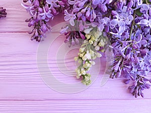 Lilac flowers composition template table border vintage pink wooden spring beautiful