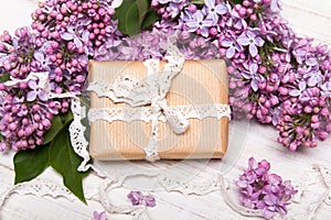 Lilac flowers, gift box