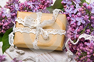 Lilac flowers, gift box