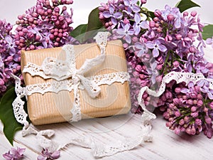 Lilac flowers, gift box