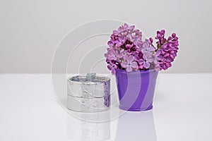 Lilac flowers and holidays gifts. Gift on Valentine Day or birthday. Concept of Valentine Day