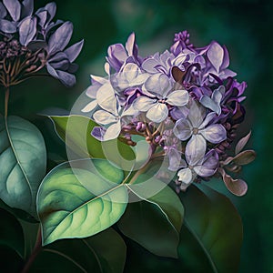 Lilac flowers and leaves closeup, realistic painting