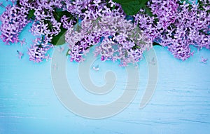 Lilac flowers on light blue wooden background