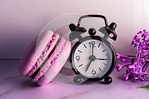 Lilac flowers, macaroons and an alarm clock. selective focus.