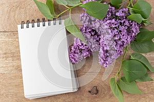 Lilac flowers and open blank notebook scrapbook on rustic wooden background