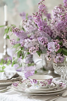 Lilac flowers in a vase on a dining table set with plates and tea cup