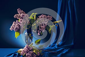 lilac flowers in a vase on a table against a blue background